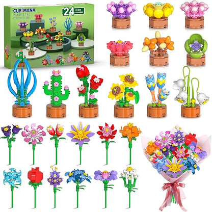 24 Pack Flowers Party Favors for Kids Building Set - 827PCS Succulents 3.6MM Mini Building Blocks Toy for Easter Basket Stuffers, Classroom Prizes, Mother's Day Birthday Gift for Girl Boy Ages 6+