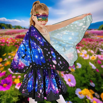 Butterfly Costume for Girls Fairy Wings Kids 4 Pcs(Cape,Skirts,Masks,Hair Clips) Butterfly Wings for Halloween Gifts