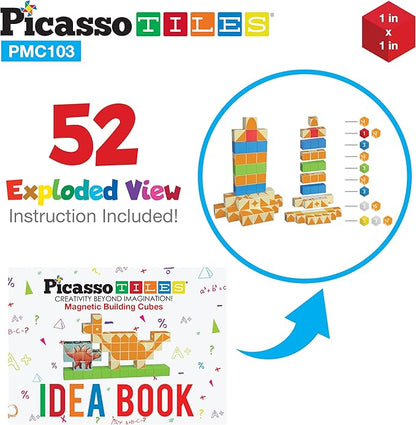 PicassoTiles 103 Pieces 1" Magnetic Toy Building Block Cubes Building Block, 3D Cube Construction Cubes Magnet Sensory Toys Gifts Educational with Free Idea Book for Kid, Boy, Girl & Toddler PMC103