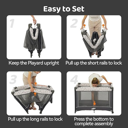 Pamo Babe Portable Playard,Sturdy Play Yard with Padded Mat and Toy bar with Soft Toys