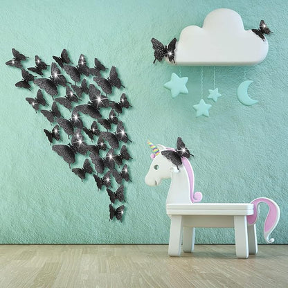BBTO 48 Pieces Butterfly Wall Decor DIY Mirror 3D Butterfly Stickers Removable Decals for Home Bedroom School Bathroom Living Room Decor(Glitter Black)