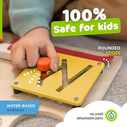 Montessori Busy Board for Toddlers, Premium Wooden Toddler Busy Board for 1 2 3 Year Old with 10 Educational Activities for Fine Motor Skills, Sensory Activity Toy for Travel, Gift for Boys & Girls