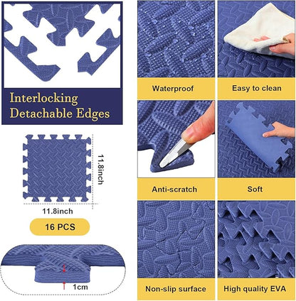 Shihanee 16 Pcs Foam Floor Baby Tiles 11.81 x 11.81 inches Foam Floor Mats Play Mats Bulk with Borders Interlocking for Kids Baby Playroom Nursery Gym（Navy Blue）