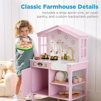 Best Choice Products Pretend Play Wooden Farmhouse Kitchen Set for Kids w/Toy Storage, Clicking Knobs, Windows, 5 Accessories Included - Rose