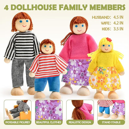 Toyssa Wooden Dollhouse Furniture Set, 36PCS Miniature Doll House Accessories with Colorful 5 Room & 4 Flexible Family Dolls, Pretend Play Toys Birthday Gift for Toddlers 3 4 5 6 Years Old