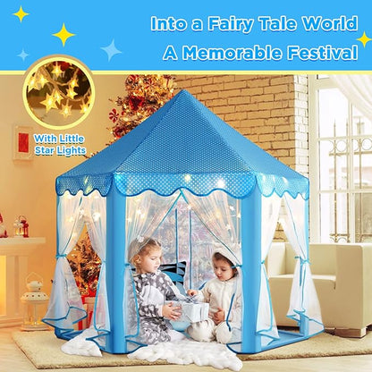 Monobeach Princess Castle Playhouse for Girls - Large Kids Tent with Star Lights for Indoor & Outdoor Play, 55'' x 53'' (DxH) (Blue Princess Tent with Little Star Lights)