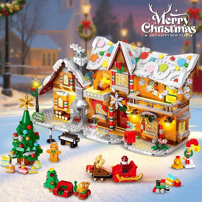 2025 Christmas 3 Style Gingerbread House Building Set with Light - 1477PCS Christmas Village Castle Building Block Toy with Santa Claus Xmas Tree Train for Adults Kids Girls Boys Ages 6+