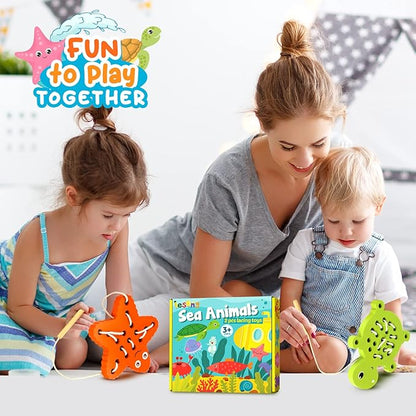 KLT Wooden Lacing Toys for Toddlers Fine Motor Learning, 1 Turtle 1 Starfish Wood Puzzle Preschool Educational Toys, Montessori Gifts for Kids 3-5