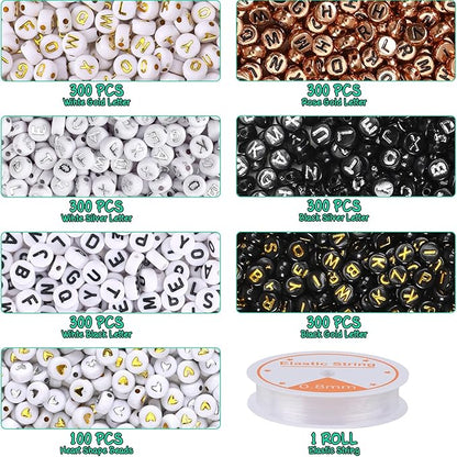 1900Pcs 7 Colors Round Letter Beads 4×7mm Acrylic Alphabet Beads with 1 Roll Elastic String for Bracelet Necklace Jewelry Making Supplies