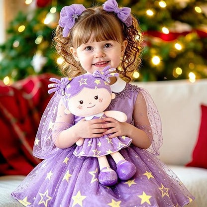 Onetoo Rag Doll Plush Baby Dolls Soft Baby Doll for Girls First Baby Doll Plush Sleeping Cuddle Buddy Doll Wear Star Purple Sleeveless Dress 14"