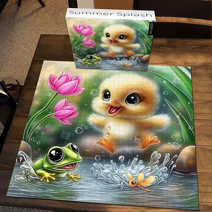 PICKFORU Summer Splash Puzzles for Adults 1000 Pieces, Cute Duck Frog Jigsaw Puzzles Lotus Flower, Challenging Impossible Animal Theme as Wall Decor