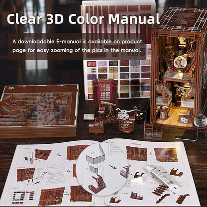 Book Nook Kit, DIY Miniature Dollhouse Library House Kit for Adult and Teens, 3D Wooden Puzzle Bookends Bookshelf with Sensor Led Light (Beyond Library)