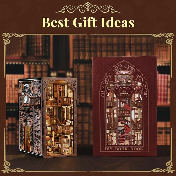 Book Nook Library Kit, DIY Miniature Dollhouse Booknook Kit, 3D Wooden Puzzle Bookend Bookshelf with LED Light for Adults Teens (Abbey Library)