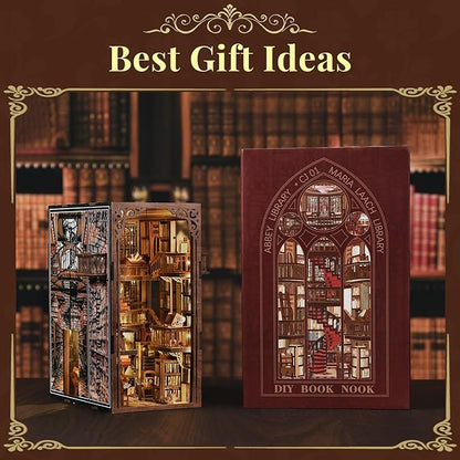 Book Nook Library Kit, DIY Miniature Dollhouse Booknook Kit, 3D Wooden Puzzle Bookend Bookshelf with LED Light for Adults Teens (Abbey Library)