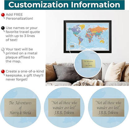 Push Pin Travel Maps - Customizable Blue Oceans World with Rustic Brown Frame- 27.5" x 39.5" - 8 Handcrafted Frame Options - Made in USA - Ideal for Adventurous Travelers