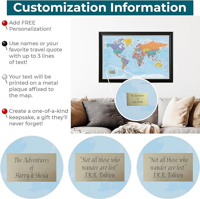 Push Pin Travel Maps - Customizable Blue Oceans World with Textured White Frame- 27.5" x 39.5" - 8 Handcrafted Frame Options - Made in USA - Ideal for Adventurous Travelers