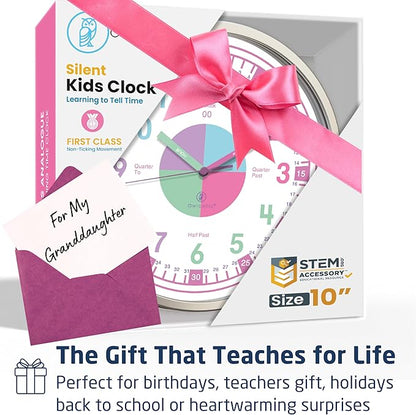 OWLCONIC Telling Time Teaching Clock for Kids - Analog for Bedrooms, Playroom, Homeschool Decor, School Classroom Learning, Educational for Learning to Tell Time