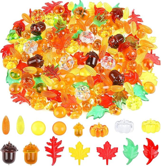 150pcs Fall Vase Filler for Thanksgiving Fall Sensory Bin Filler Acrylic Pumpkin Leaves Gems Corns Gems Acorns for Centerpieces Table Fall Sensory Bin Filler Autumn Thanksgiving Home Decoration