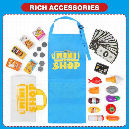 Cash Register Toy for Kids with Real Calculator, Cashier Register with Scanner/Weighter/Credit Card/ Play Money/ Food/Microphone, Pretend Play Store with Apron and Shopping Bag for Kids 3 4 5 6 7