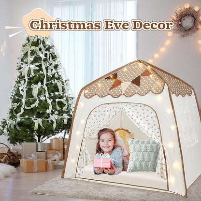 Toddler Bed Tent, Kids Play Tent with Flags, Star String, Portable Bed Canopy for Boys & Girls, Children, Indoor Outdoor Dome Playhouse, Brown Dots & Floral Pattern, 51" x 39" x 51"