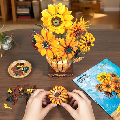 Sunflower Building Set with Lights Vase Base, Flowers Botanical Collection Building Block Home Decor, 1180PCS Art Flower Bouquet Bonsai Plant Building Kit Gift for Adults Teens Girls Boys 12+