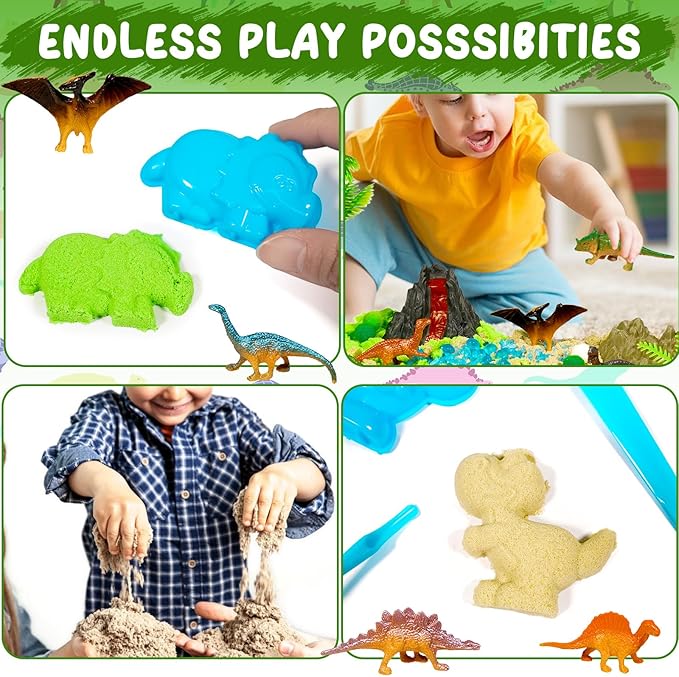 Bbiamsleep Dinosaur Sensory Bin, 147 Pcs Dinosaurs Sand Kit with Sandbox 2.2 lbs Color Sensory Sand 10 Dinosaur Mould 9 Tools Dinosaur Sensory Bin Fillers for Birthday Party