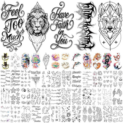77 Sheets Pet Animal Temporary Tattoo for Women Men, 17 Sheets Half Arm Cat Dog Large Lion Wolf Flower Elephant Fake Tattoo, 60 Tiny Dolphin Rabbit for Adult Kids Body Tattoos Stickers Realistic