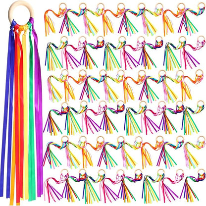 Junkin Ribbon Rings Hand Kite Waldorf Toys Dancing Wrist Ribbons Rainbow Streamers with Wood Ring Educational Toy for Playroom Dancing Birthday Party Gift(Rainbow,48 Pcs)