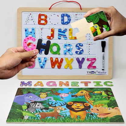 Think2Master Alphabet Whiteboard & Animal Puzzle (PreK, Kindergarten, 1st) for Families, Home School & Classrooms. Learn to Read & Write Size 14.5” x 10.5" (Animal Edition)
