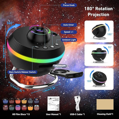 Galaxy Projector, 13 in 1 HD Planetarium Galaxy Projector for Bedroom, Star Projector Galaxy Light Projector with Timer, Meteor & 6 RGB Lighting Night Light for Kids Adults, Party Light/Home Decor