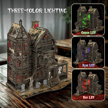 3D Wooden Puzzle Haunted House Model Set - Miniature Haunted House Kits with Led Accessories Furniture, Suitable for Adults and Teenagers to DIY Halloween Horror Doll House Craft Gifts.