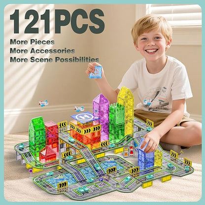 121PCS Magnetic Tiles Road Set with Pullback Cars. Magnet Tiles for Building Construction Toys with Ship, Airplane, Traffic Sign, STEM Magnetic Tiles for Kids Ages 4-8, Educational Gifts for Ages 3+