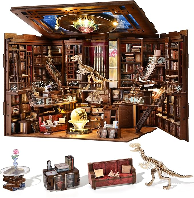 DIY Book Nook Kit, Miniature Dollhouse Booknook Kit, 3D Wooden Puzzle Bookend Bookshelf Insert Decor with LED Light for Teens and Adults (Beyond Library Max)