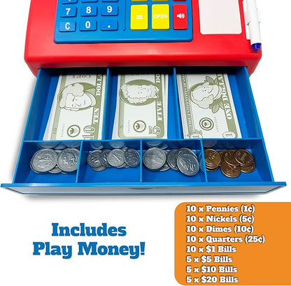 Dr. STEM Toys Solar Powered Calculator Pretend Cash Register with Play Money – 67-Piece Set for Learning Math Skills, STEM Cash Register for Kids, Red