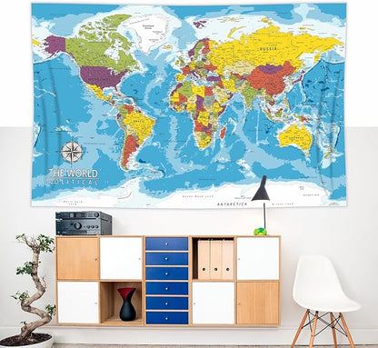 PARTH IMPEX Large World Map for Wall - 36" x 56" Huge Educational Learning Poster for Classroom, Washable Fabric Tapestry, Aesthetic School Supplies, Hanging Banner for Travel Room Decor