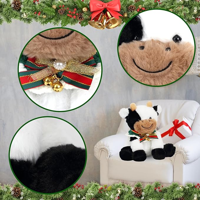 Hopearl Adorable Christmas Plush Cow Toy Floppy Dairy Cattle Soft Stuffed Animal Cute Xmas Gifts for Boys Girls Kids Toddlers, 9''