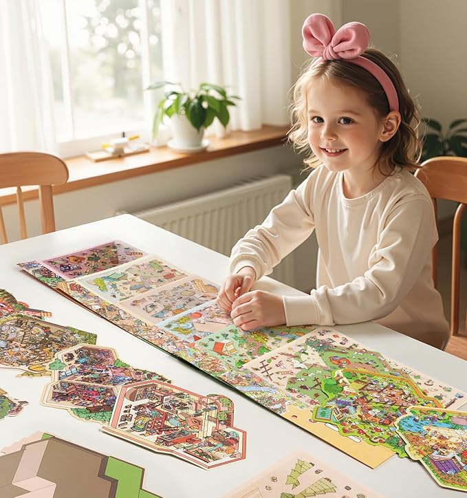 DIY 3D House Stickers, 4 Sets Fun DIY Stickers Scene Make Your Own Mini House Cute Cartoon Animal Scene Sticker for Kids Adult Sticker Art Relief Stress Pass The Time