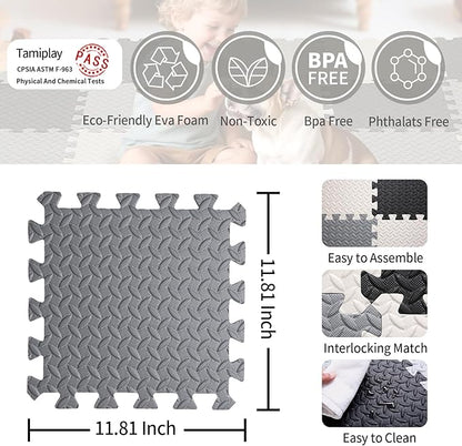 36 Tiles Foam Play Mat for Baby, 0.4 Inch Thick Foam Interlocking Floor Mats, Soft Non-Toxic Baby Playmat, Solid Colored Puzzle Play Mat Kids Floor Mats for Toddler(White/Black/Gray)