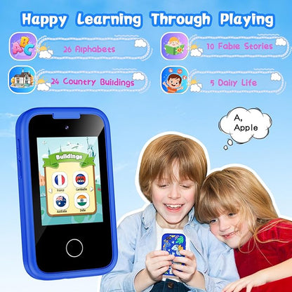Kids Phone Birthday Gifts Toy for 3 4 5 6 7 8 9 10 Year Old Girls Boy,Toddler Kid Smart Phone with Dinosaur Silicone Cover Educational Games,Music Player,Toys for Girls Boys Age 3-8(Blue)