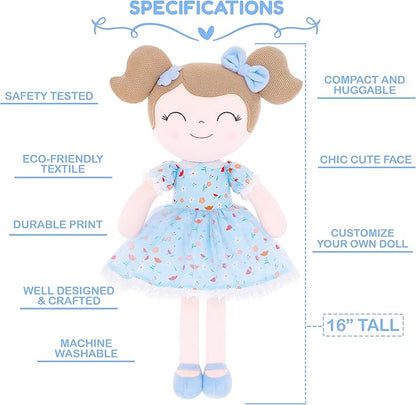 Gloveleya Personalized Doll with Your Name - Cute Floral Blue Custom Soft Plush Doll for Girls Plush Doll Customized Gifts - Muñecas de Trapo Personalizadas para Niñas