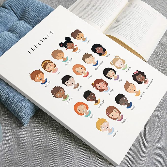 uoyien Feelings Chart And Emotions Poster For kids Mental Health Awareness Canvas Wall Art Special Emotions Faces Calm Corner Prints Classroom Social Worker Office Decor 16x22in Wood Framed