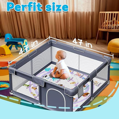 Baby Play Mat，Thick Soft 47" X 47" Playpen mat, Non-Slip and Machine Washable Baby Play Mats for Floor，Crawling Mat for Babies, Toddlers & Infants to Play and Learn (Purple Animal)