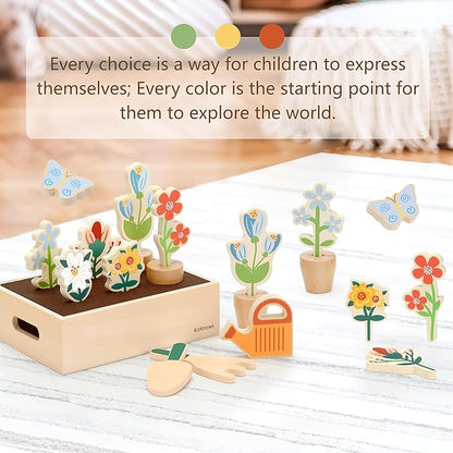 Wooden Toy Flower Garden Set Natural Gardening Toy Playset for Toddlers Pretend Play Blossom Flowerpot Educational Learning Toy for Girls Boys 3 Years and Up