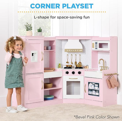 Best Choice Products Pretend Play Corner Kitchen, Ultimate Interactive Wooden Kids Playset w/Lights & Sounds, Ice Maker, Hood - White