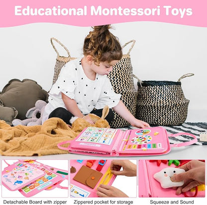 Toddler Busy Board Montessori Toys, Sensory Toys for 1 2 3 4 Year Old Girl, Busy Book Travel Educational Activities for Learning Fine Motor Skills Birthday Gifts (Pink Unicorn/P10)
