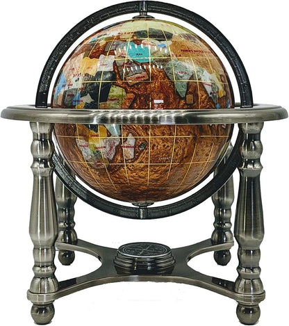 Unique Art 10-Inch Tall Table Top Amber Pearl Swirl Ocean Gemstone World Globe with Silver Zinc Alloy Stand (150 GB Amber Silver)