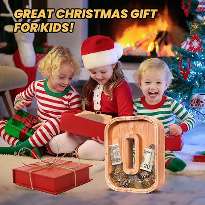 KMC Wooden Letter Piggy Bank, Personalized Initial Piggy Bank for Kids Boys, Clear Alphabet O Wood Money Box, Unbreakable Coin Saving Jar, Birthday, for Children
