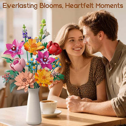 Flowers Bouquet Building Set, 887 Pcs with Flower Artificial Roses for Home Office Decoration, Gift for Mother's Day, Valentine's Day and Kids 6+/Adults Birthday