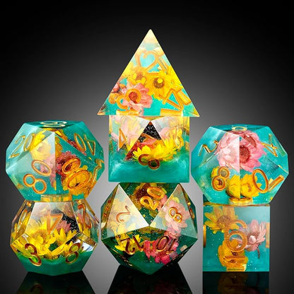 Flower DND Dice DNDND Handmade Resin Sharp Edge D&D Die with Gift Case for D&D Dungeons and Dragon Tabletop Games (Daisy Flower)