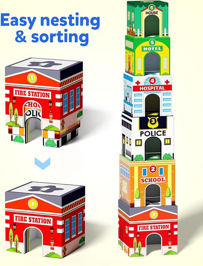 Coogam Montessori Sorting & Stacking Blocks with Nesting Garages Cars, Stackable Number Boxes for Toddlers Learning Community Helpers, Preschool Educational Toy Gift for 2 3 4 Year Old Baby